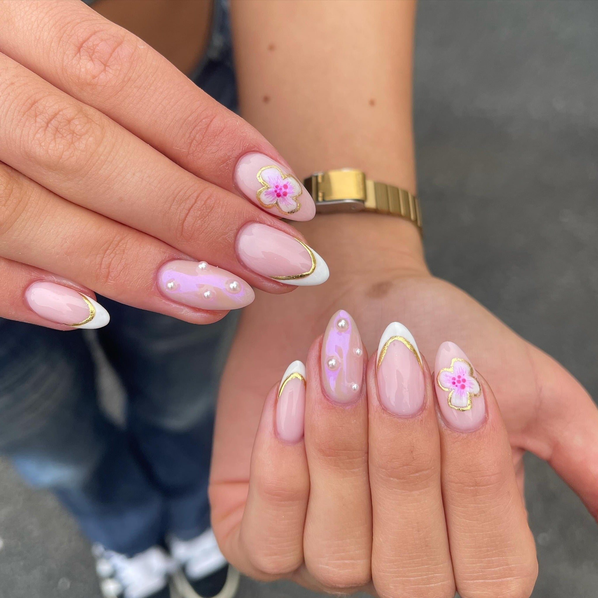 8. Floral French with Pearl Embellishments (Holiday Nail Ideas)