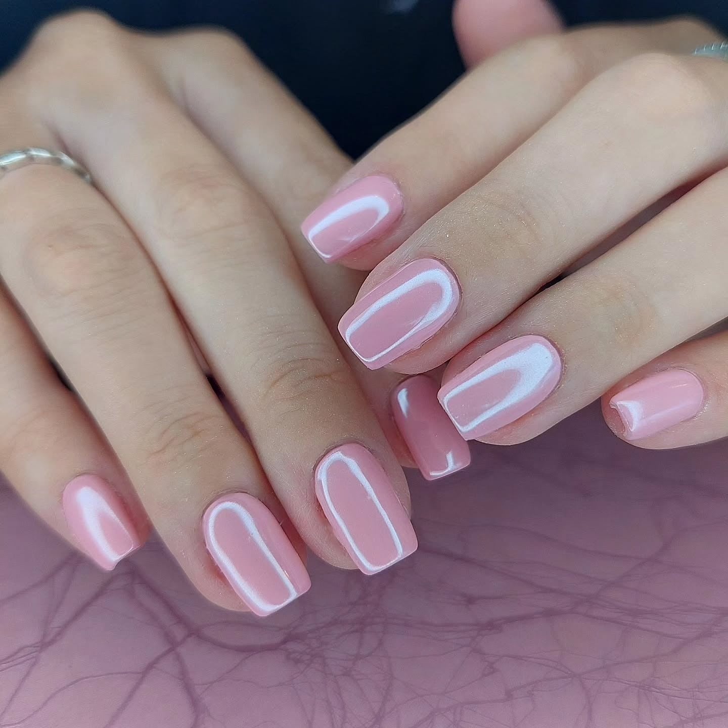 13. Iridescent Square Pink Nails (Light Pink Nail Ideas)