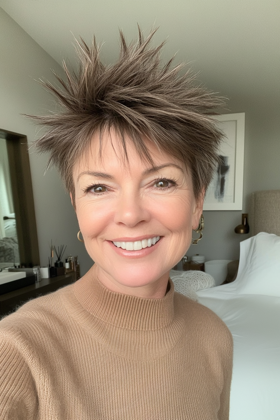 4. Ash Brown Spiky Pixie with Crown Lift (Spiky Short Haircuts For Women Over 60) - Spiky Short Haircuts For Women Over 60