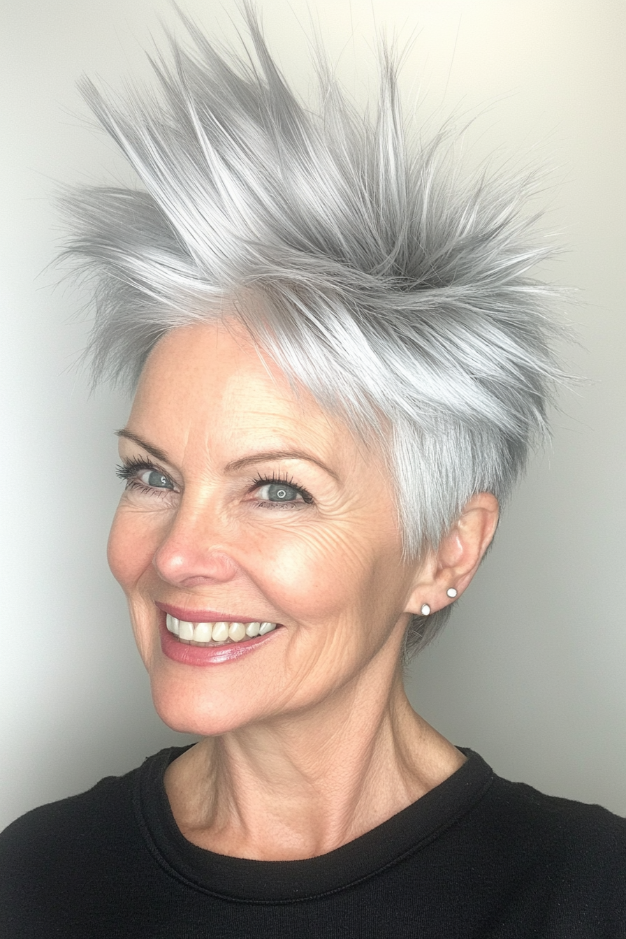 15. Tapered Silver Spike Pixie with Volume Crown (Spiky Short Haircuts For Women Over 60) - Spiky Short Haircuts For Women Over 60