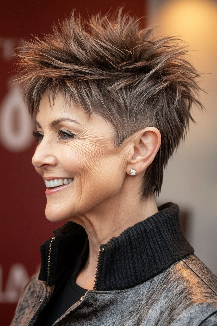 23. Earthy Brown Soft Spike with Layered Sides (Spiky Short Haircuts For Women Over 60) - Spiky Short Haircuts For Women Over 60