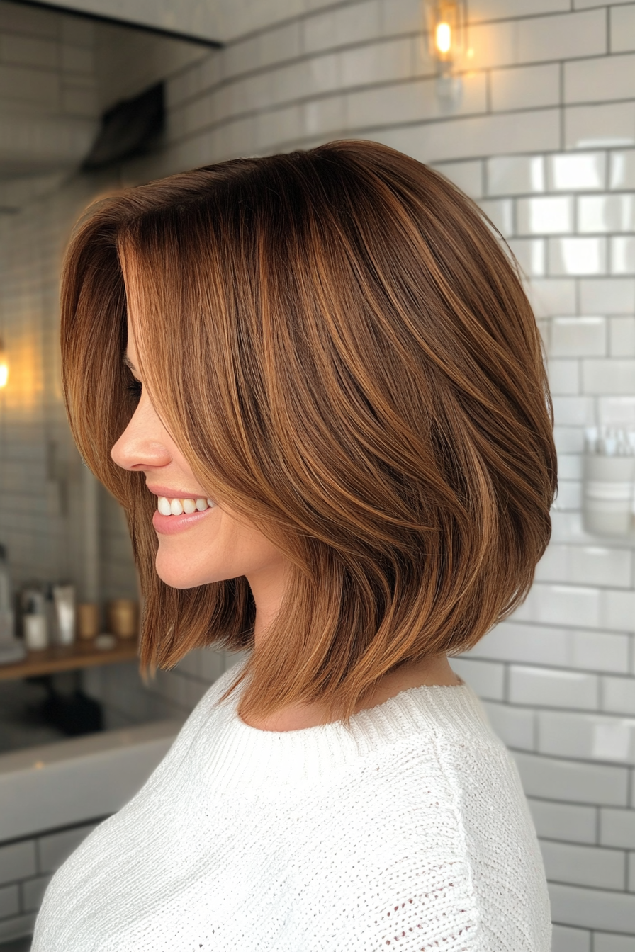 1. Layered Bob with Chestnut Brown Glow (Fun Haircut Ideas For Women Over 40) - Fun Haircut Ideas For Women Over 40